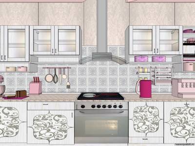 Na obrázku je šedo-fialová kuchyňa s fasádami zdobená metódou decoupage.