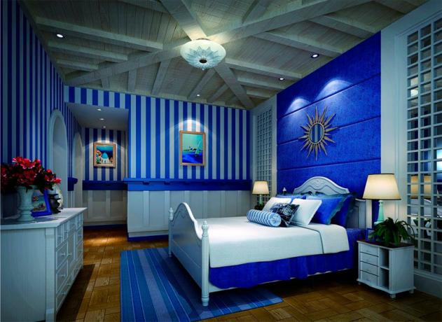 Fotografia spálne s jedným modrým odtieňom v celej miestnosti