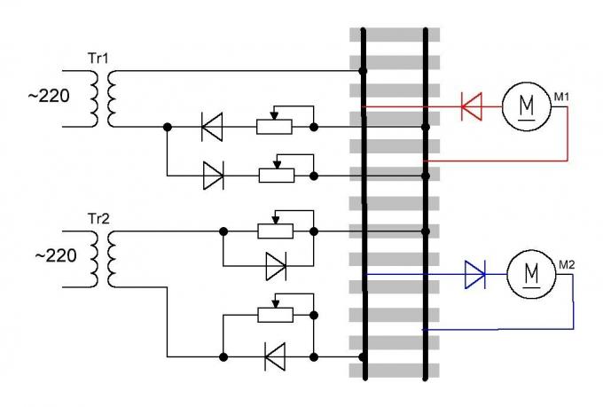 Riadiaceho jednoduchý obvod dva jednosmerné motory rovnakého elektrického vedenia