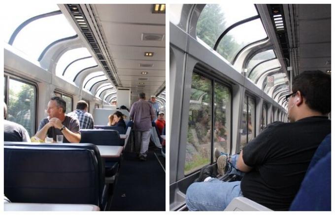 Jedálenský vozeň a špeciálne exkurzie vlak je vybavený panoramatickými oknami, takže cestujúci môžu užiť si scenérie (USA).