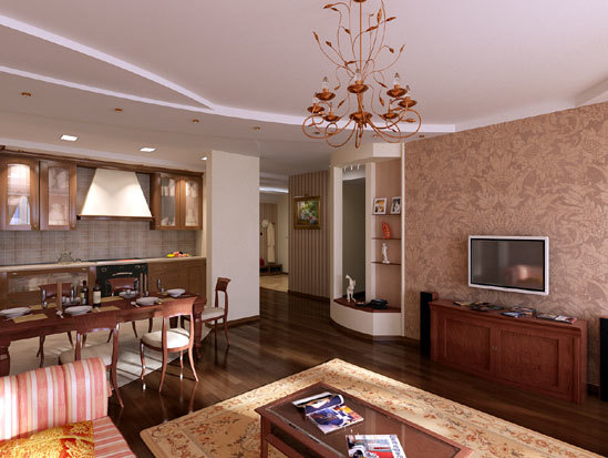 Jedálenská kuchyňa spojená s obývacou izbou.