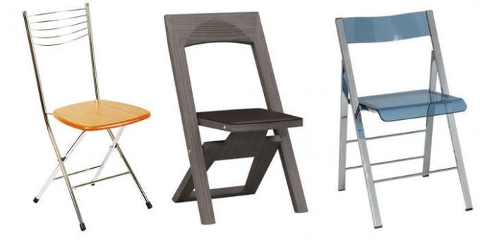 Fotografia zobrazuje rôzne príklady skladacích stoličiek pre kuchyňu.