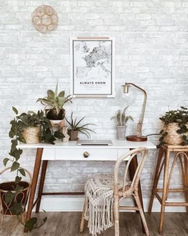Elegantná domáca kancelária boho s retro dreveným stolom, kobercom boho, nástennými remeslami, množstvom domácich rastlín: kaktusy a sukulenty
