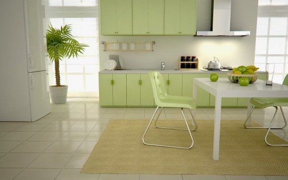 Biela tapeta pre zelenú kuchyňu, bude priaznivo zdôrazňovať nehu svetlých odtieňov zelene