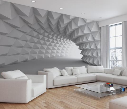 3D tapeta vytvára efekt, že miestnosť je v akomsi labyrinte alebo jaskyni